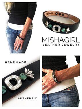MishaGirl Handmade Black Leather Beaded Bracelet, African Turquoise and Silver